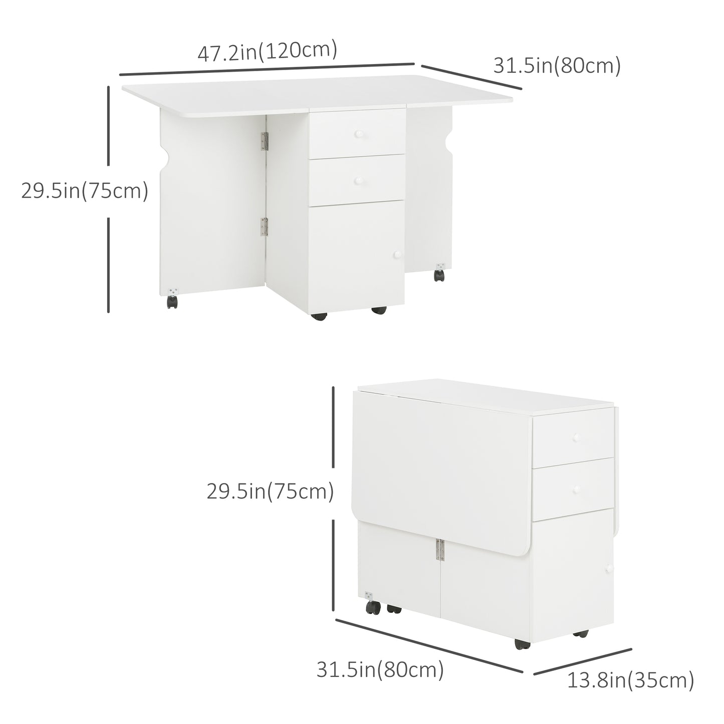 Extendable Dining Table, Drop Leaf Table with 2 Drawers, Cabinet and 6 Wheels for Small Spaces, Kitchen, White