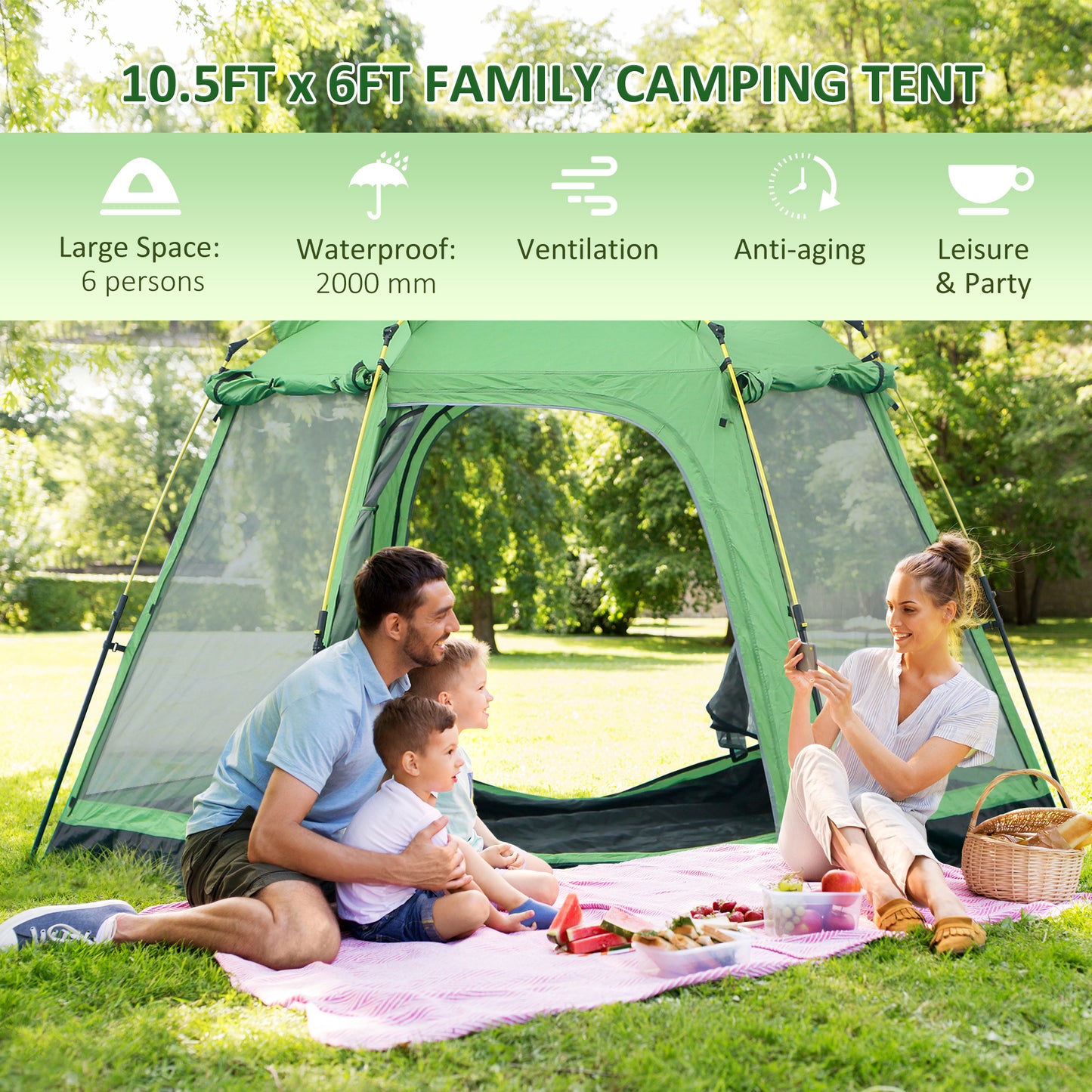 Outsunny 6 People Pop Up Design Camping Tent, 2-Tier Fabric Backpacking Tent with 4 Windows 2 Doors Portable Carry Bag for Fishing Hiking, Green