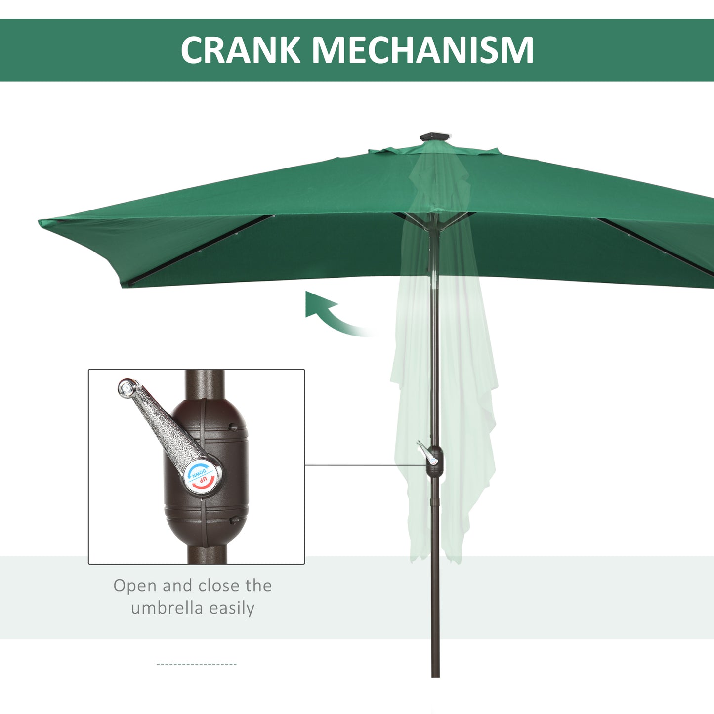 Outsunny 6.5x10ft Patio Umbrella Rectangle Solar Powered Tilt Aluminum Outdoor Market Parasol with LEDs Crank (Dark Green)