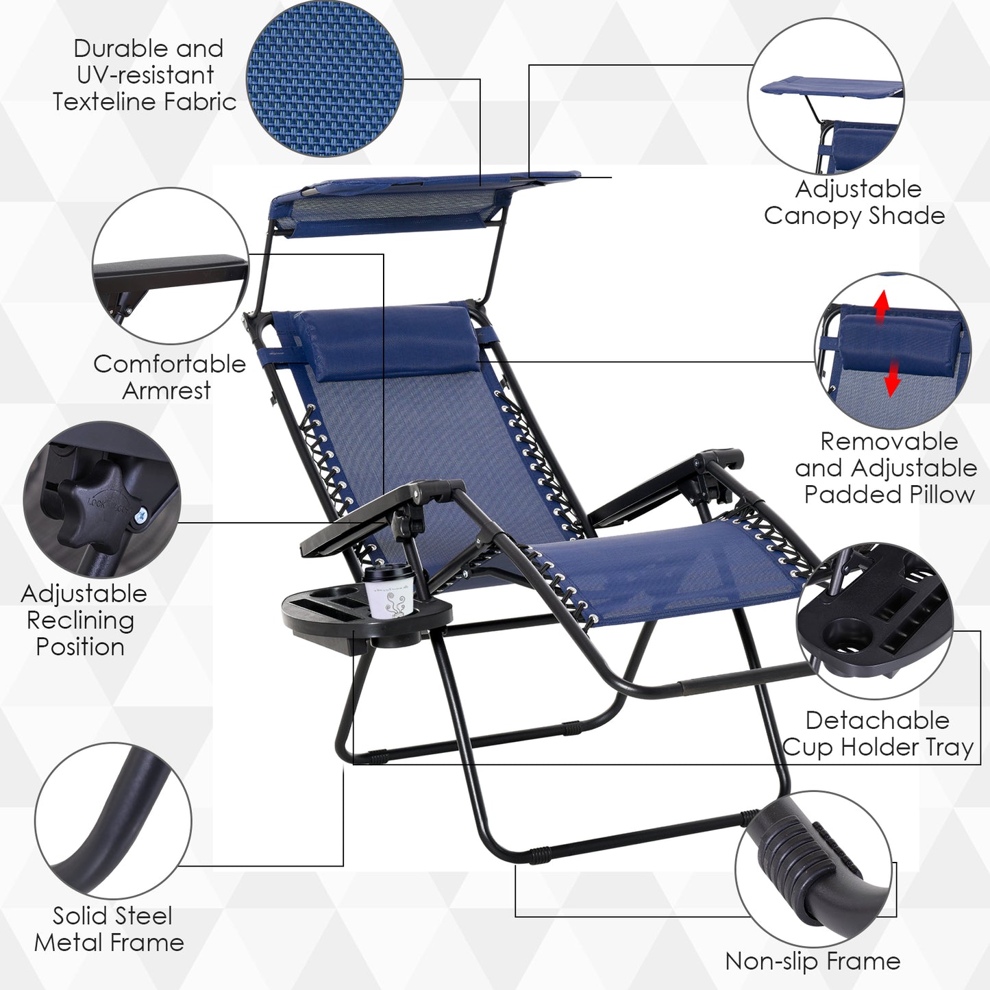 Outsunny 2 piece Zero Gravity Chair Adjustable Patio Lounge Chair Reclining Seat W/ Cup Holder & Canopy Shade