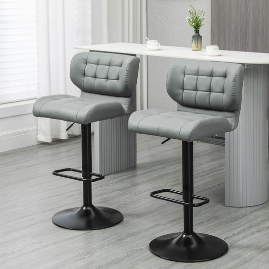 Adjustable Bar Stools Set of 2, Swivel Tufted PU Leather Barstools with Footrest and Back, for Kitchen Counter and Dining Room, Grey