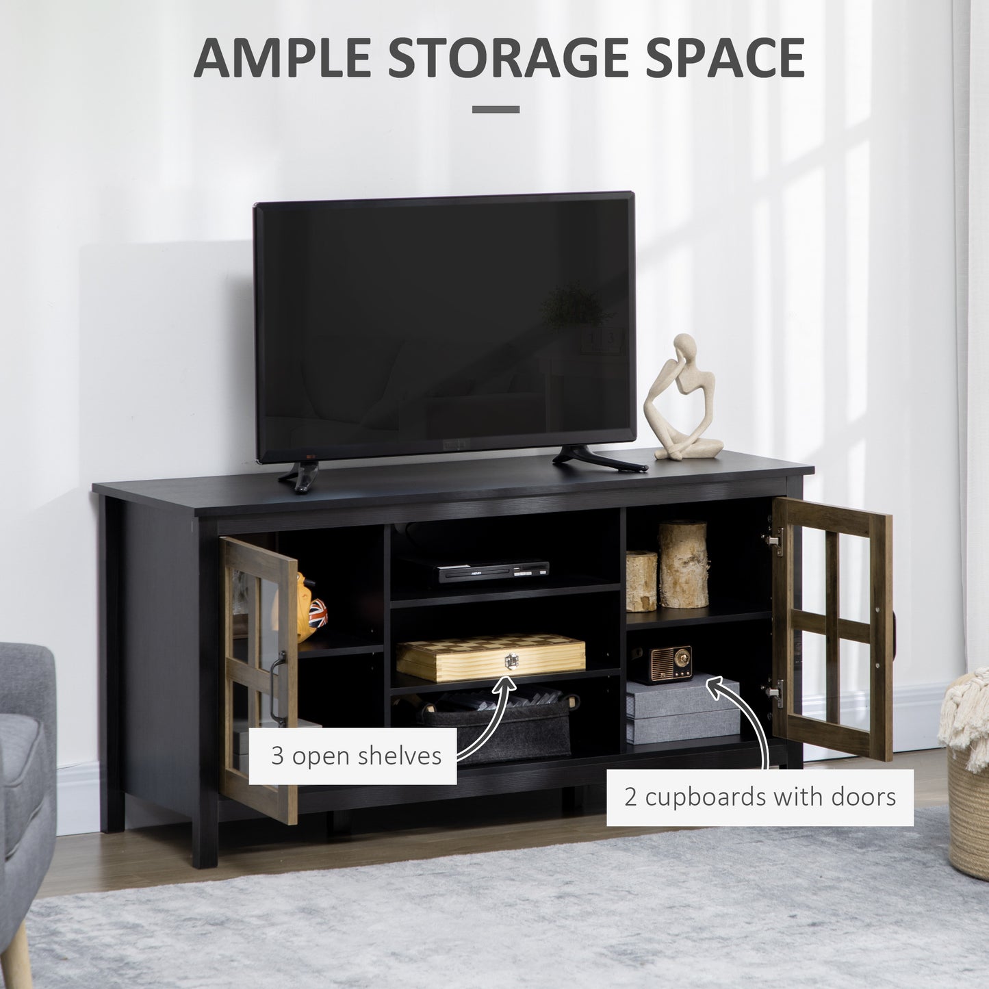 TV Stand Cabinet for TVs up to 55 Inches, Entertainment Center with Ajustable Shelves and Doors for Living Room, Black