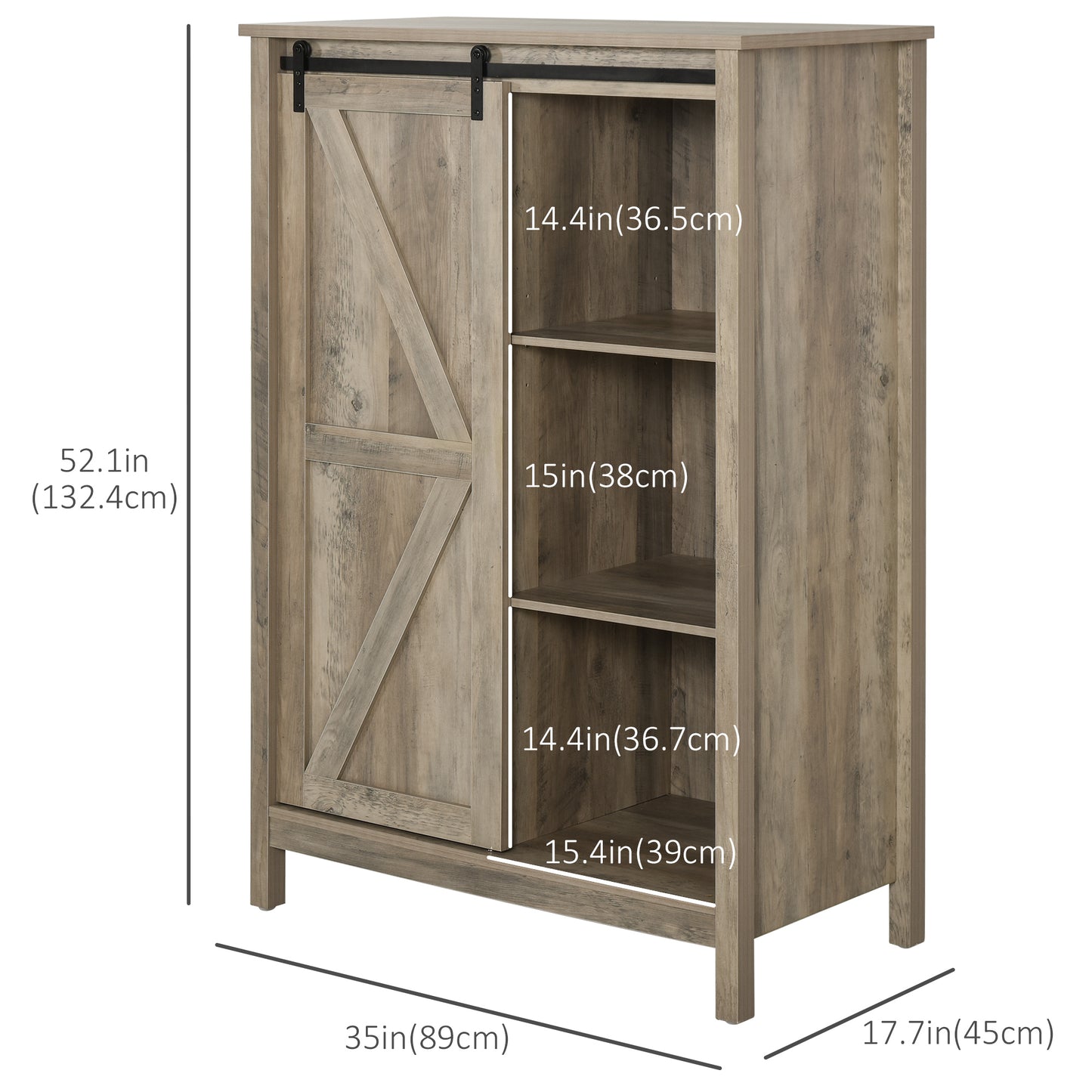 Accent Cabinet, Kictchen Cupboard Storage Cabinet, 3-Tier Organizer with Barn Door and Adjustable Shelf, Antique Grey