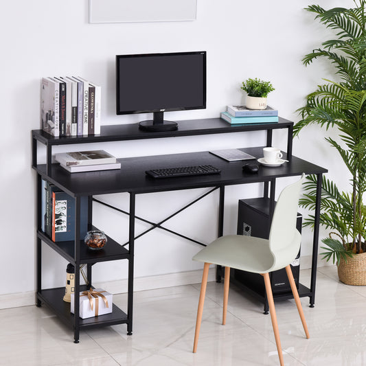 Computer Desk with Shelves and CPU Stand, Home Office Desk Workstation with Adjustable Feet, Black Wood Grain