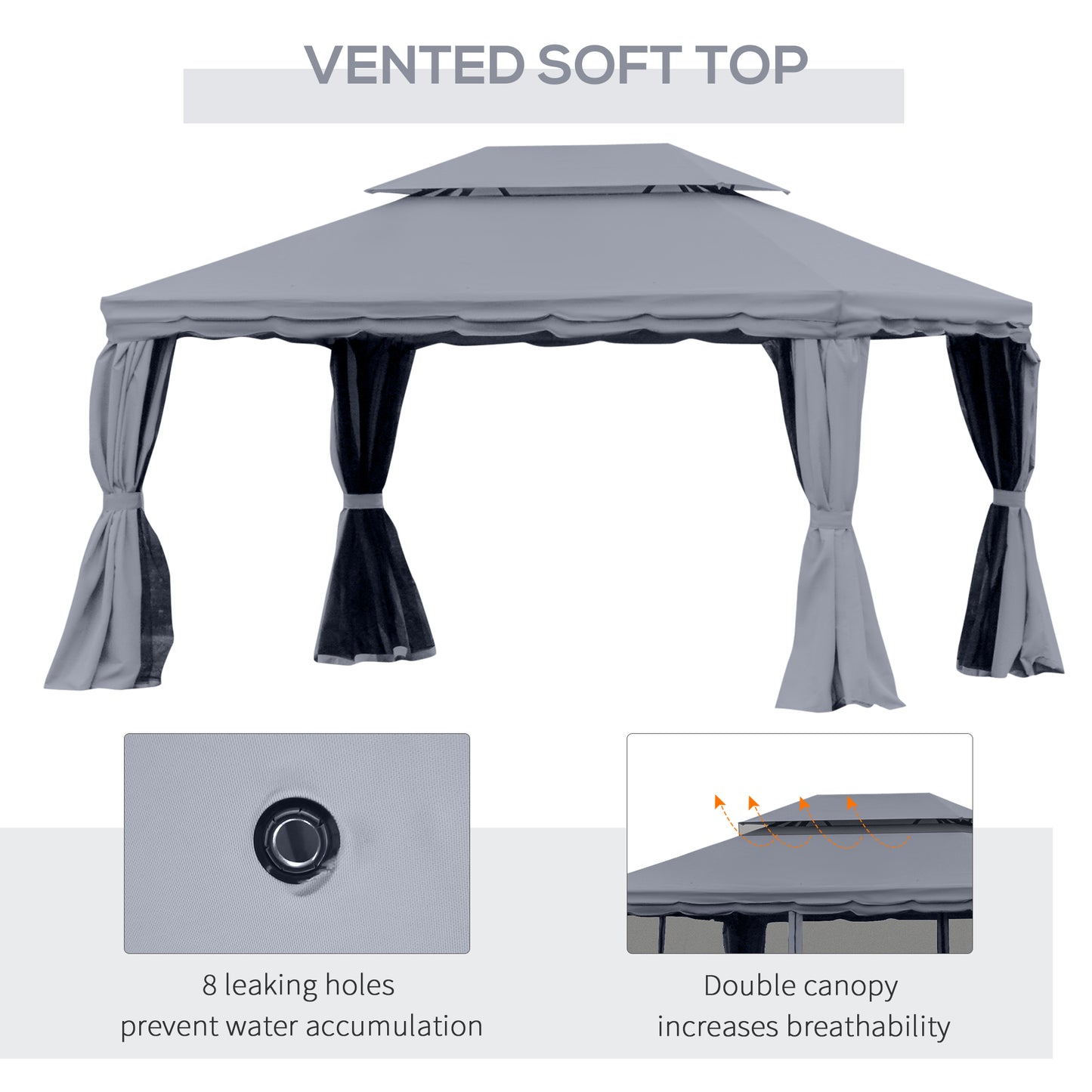 Outsunny 13' x 10' Patio Gazebo, Double Roof Outdoor Gazebo Canopy Shelter with Netting & Curtains, Strong Aluminum Frame, Dark Grey