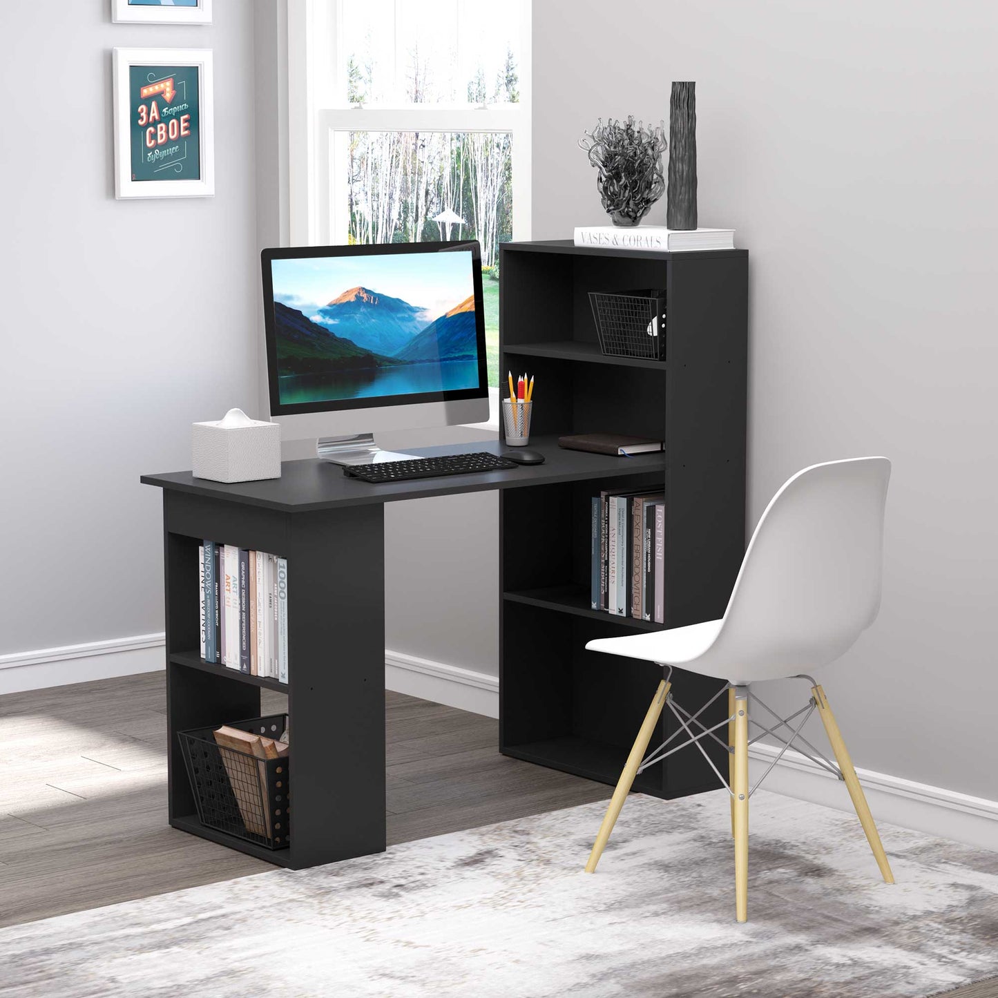 Modern Compact Computer Desk with 6-Tier Storage Shelves Combo, Writing Table Workstation with Bookshelf for Home Office, Black