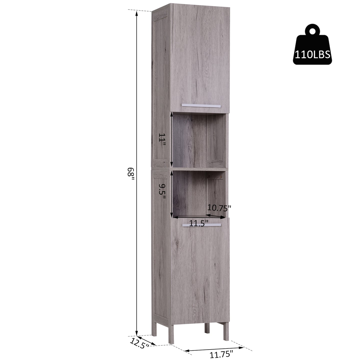 Kleankin Bathroom Storage Cabinet 68'' Organizer Tall Tower Cupboard w/ Shelves Wood Grain Freestanding Furniture