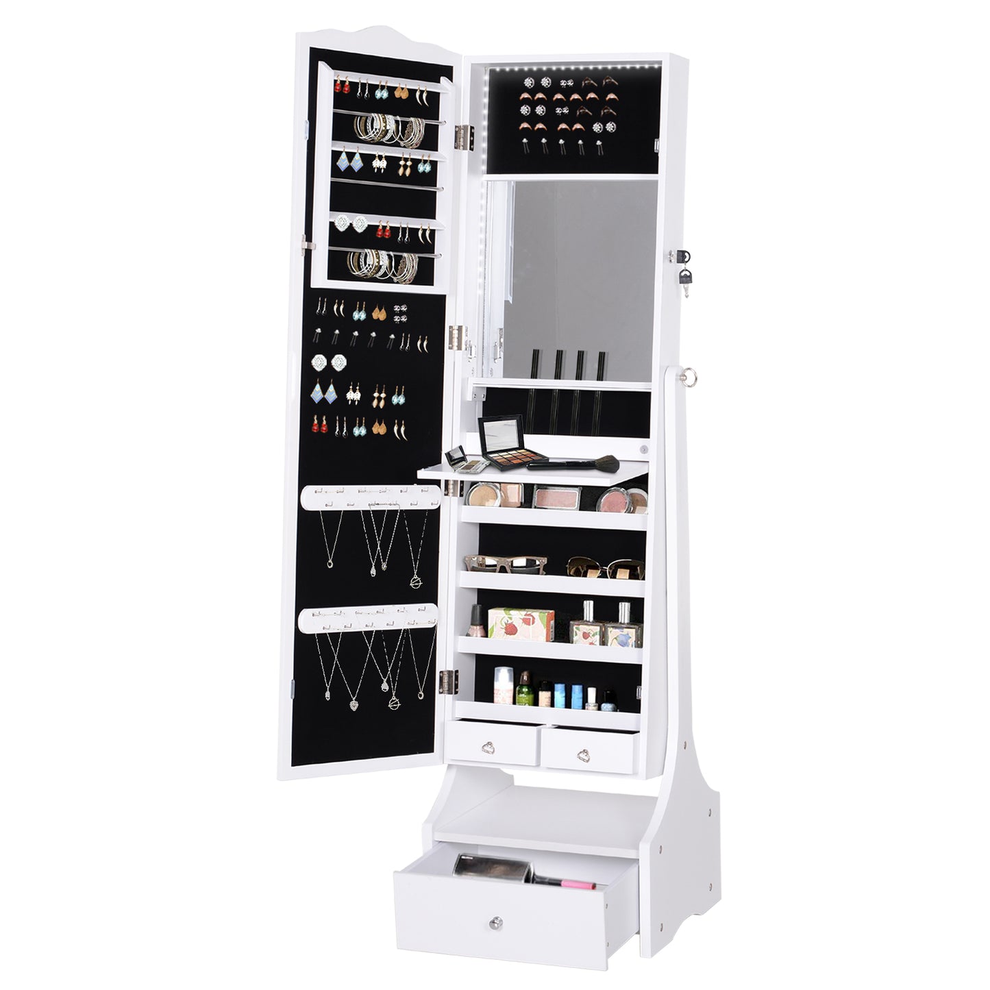 Standing Jewelry Cabinet Organizer Jewelry Armoire with LED Lights, Full Length Mirror, Adjustable Angle, White