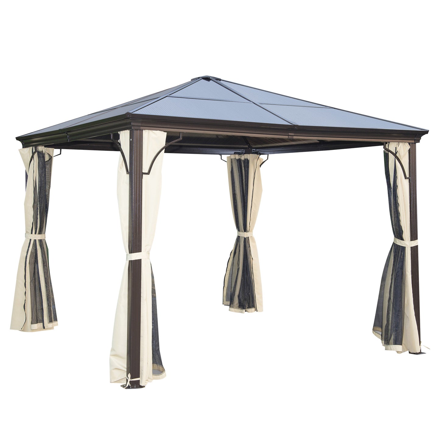 Outsunny 10 x 10 ft Hard Top Gazebo Canopy Heavy Duty Shelter Sun Shade w/ Curtain Beige, Coffee