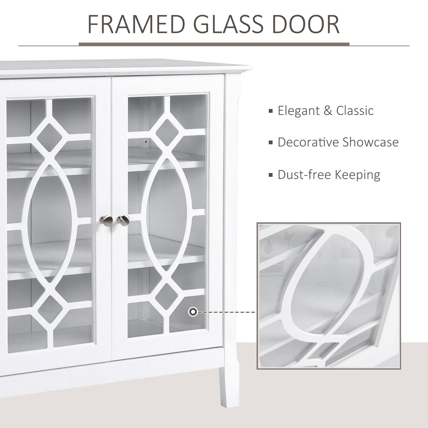 Sideboard Display Cabinet with Double Framed Glass Doors, 2 Adjustable Shelves, and Elevated Base, White