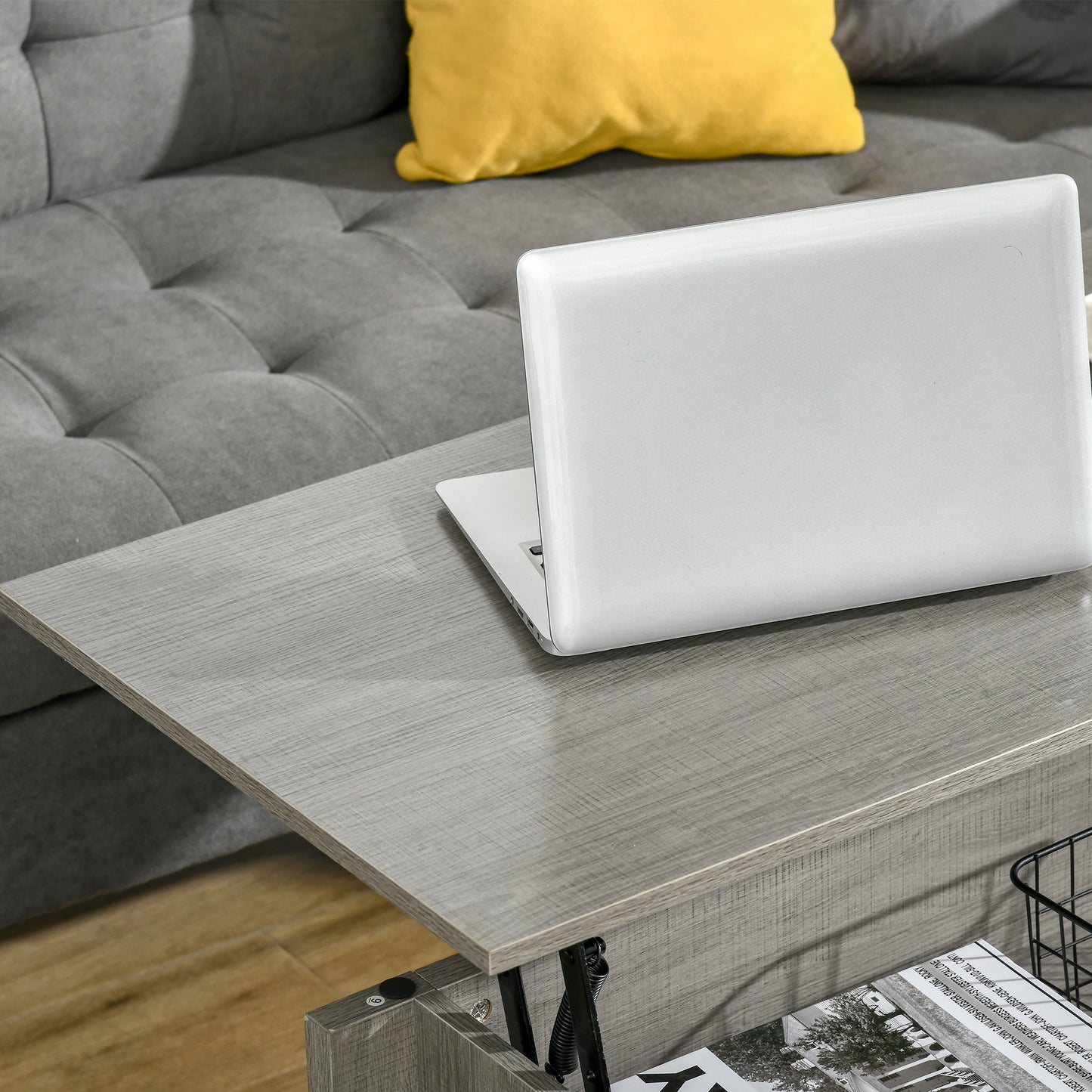 Coffee Table with Hidden Storage Compartment and Open Shelves, Lift Tabletop Pop-Up Center Table for Living Room, Light Grey