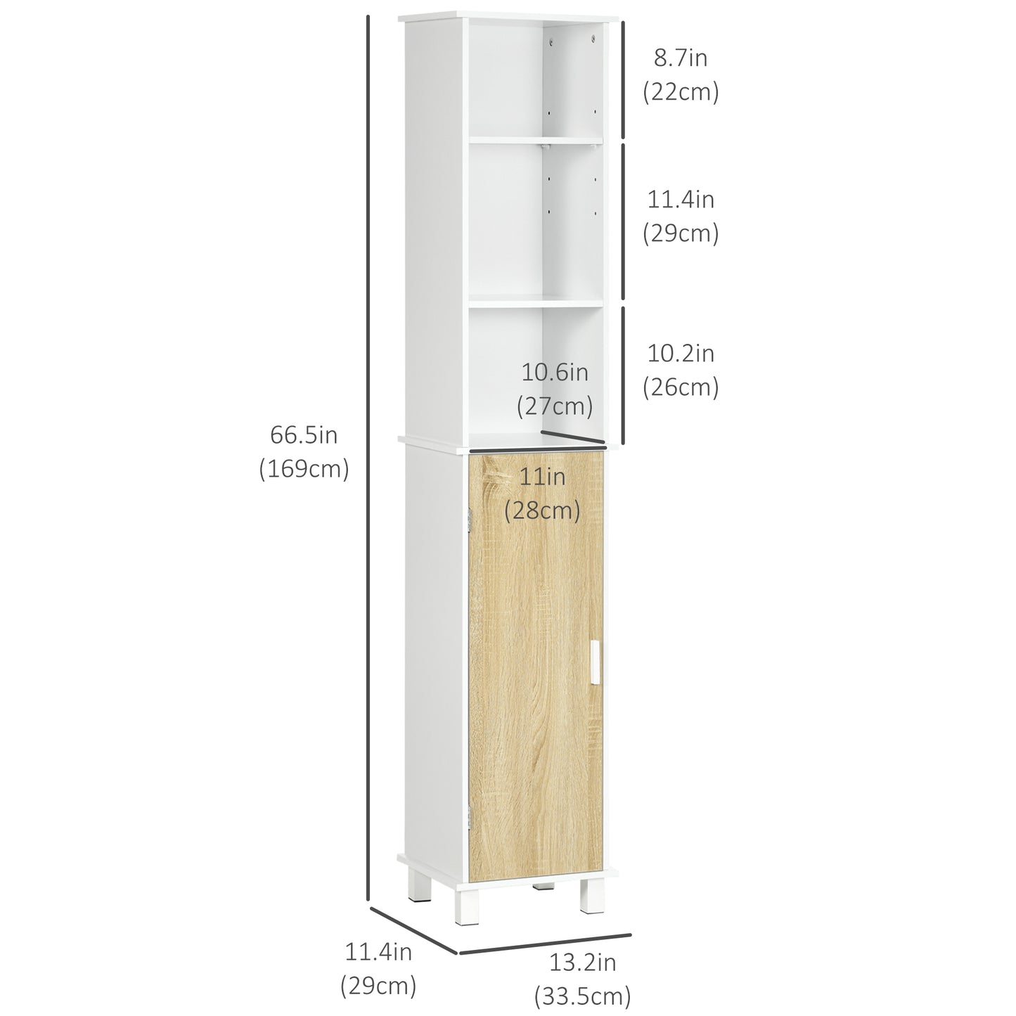 Tall Bathroom Storage Cabinet, Free Standing Bathroom Cabinet Slim Side Organizer w/ 2-Tier Open Shelf, Cupboard, Door, White