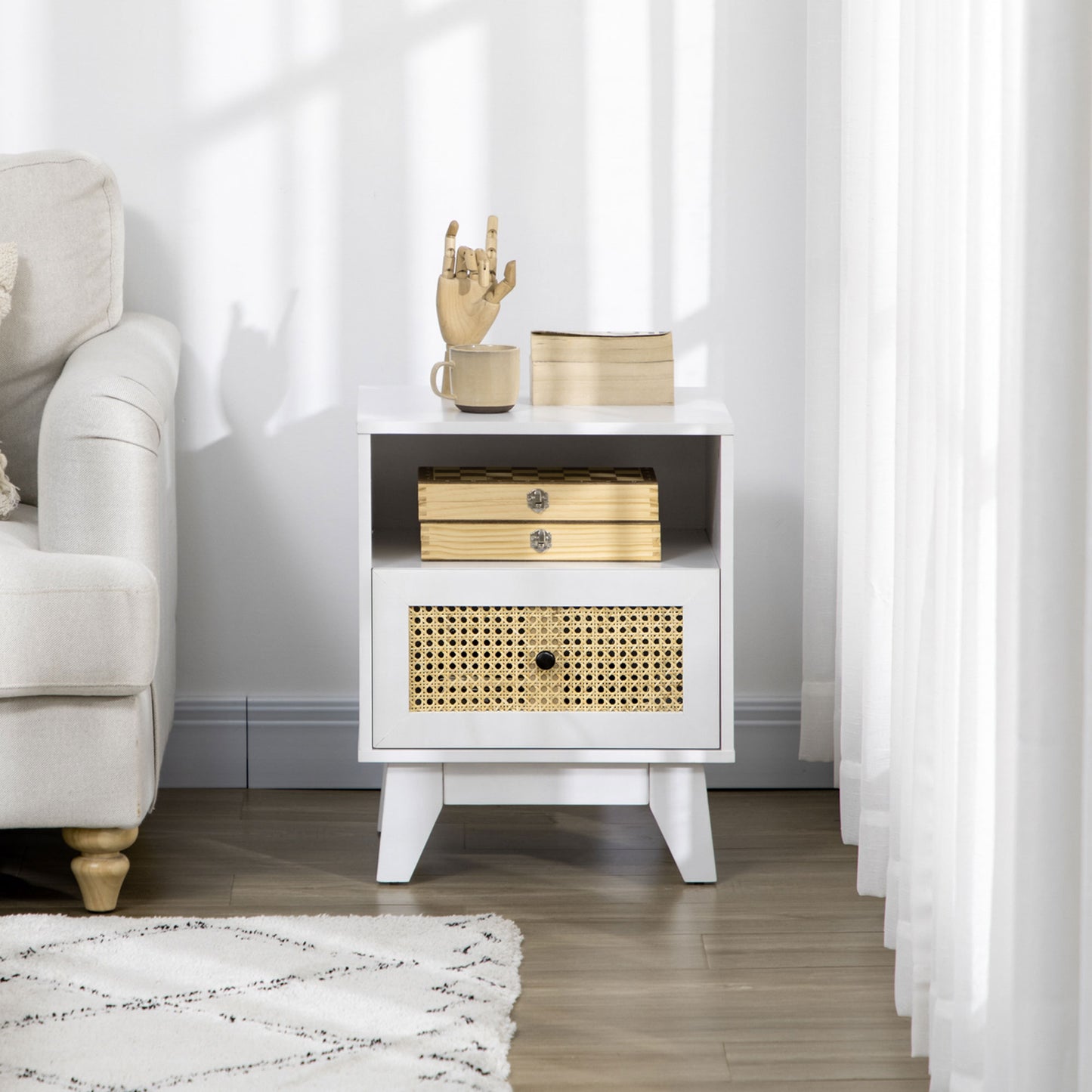 Bedside Table with Rattan Element, Side End Table with Drawer and Shelf, 17.7"x15.4"x22.2", White