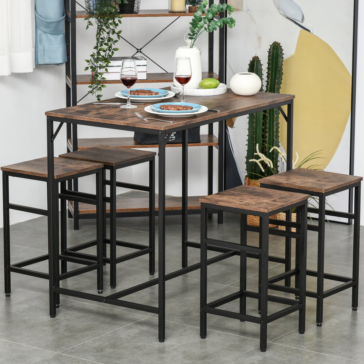 Rectangular Bar Table Set with 4 Stools for Dining Room, Kitchen, Dinette, Black, Rustic Brown