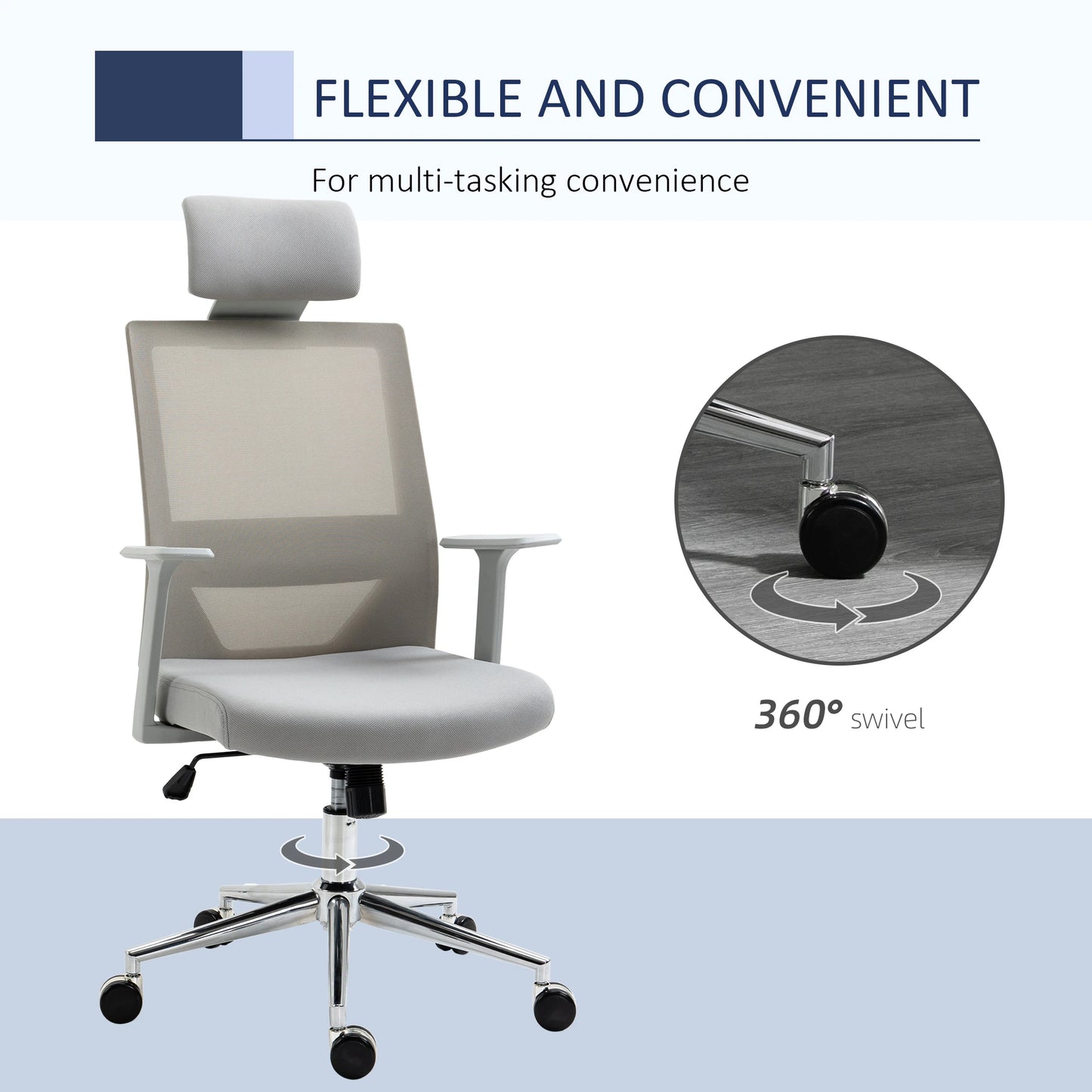 High Back Office Chair Swivel Task Chair with Lumbar Back Support, Breathable Mesh, and Adjustable Height, Headrest, Grey