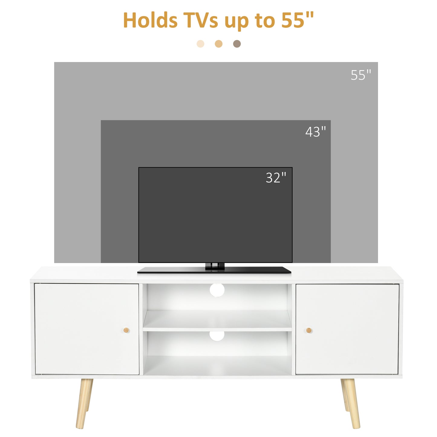 TV Stand Cabinet for TVs up to 55 Inches, Entertainment Unit with Storage Shelves and Wood Legs for Living Room, White