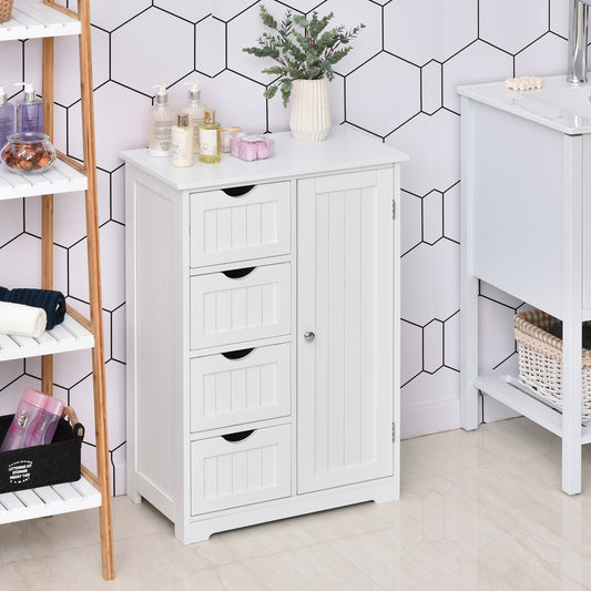 Bathroom Storage Cabinet, Floor Cabinet with Adjustable Shelf and 4 Drawers, Side Cabinet for Washroom, White