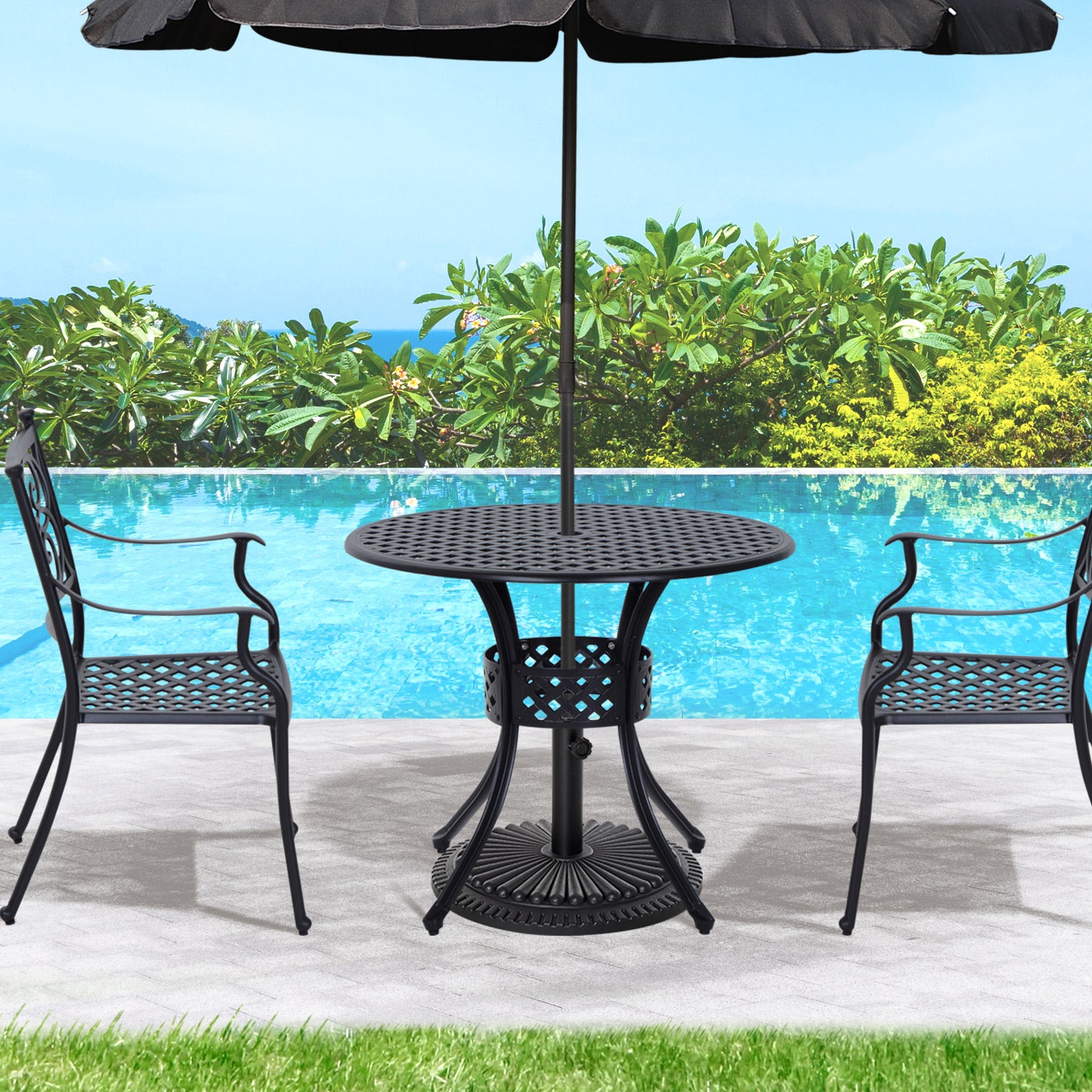 Outsunny Cast Aluminum Patio Outdoor Bistro Round Dining Table with Umbrella Hole, 33-Inch Diameter Outdoor Garden Furniture, Black