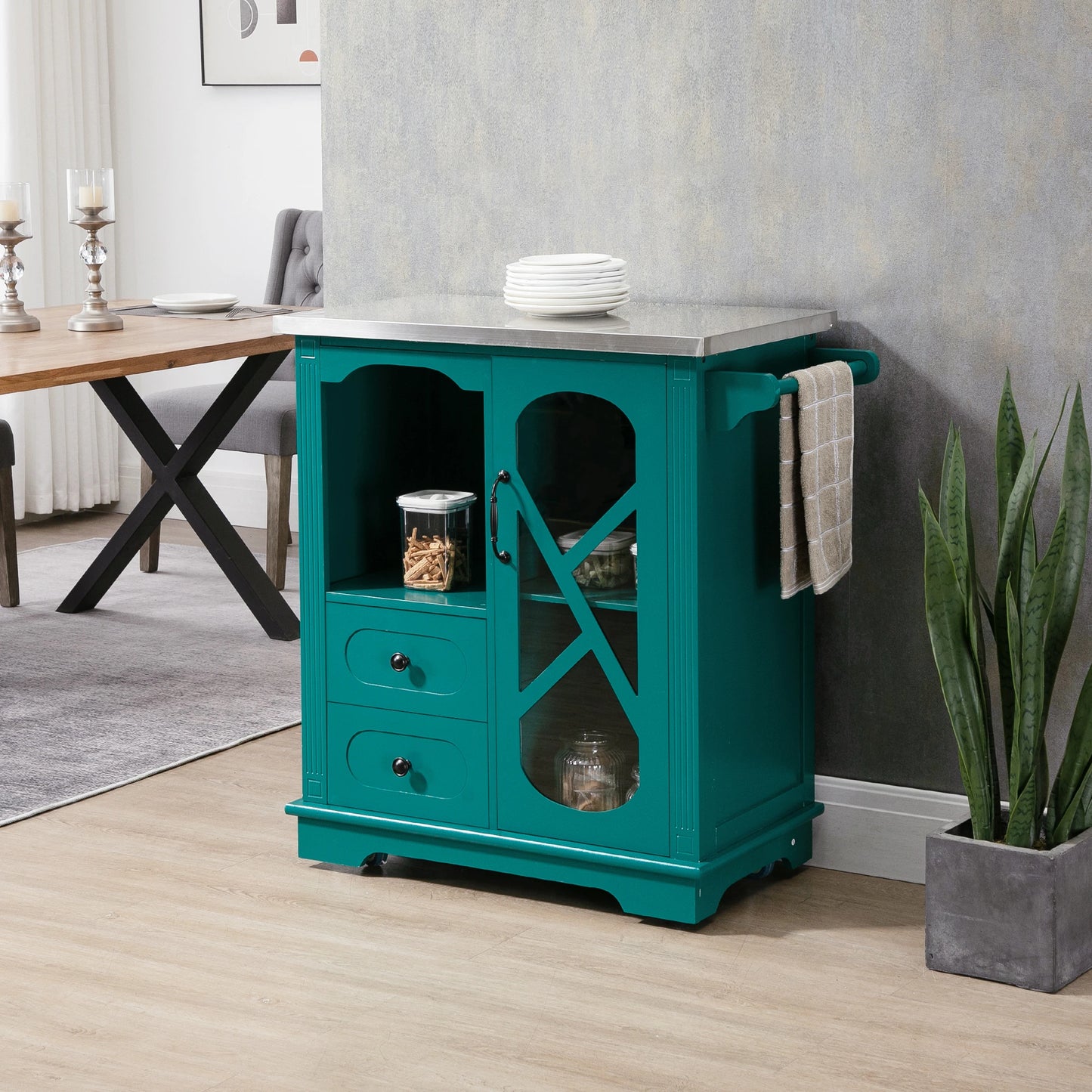 Rolling Kitchen Island Storage Cart, Kitchen Cabinet with Stainless Steel Top, Glass Door & Drawers for Kitchen, Green