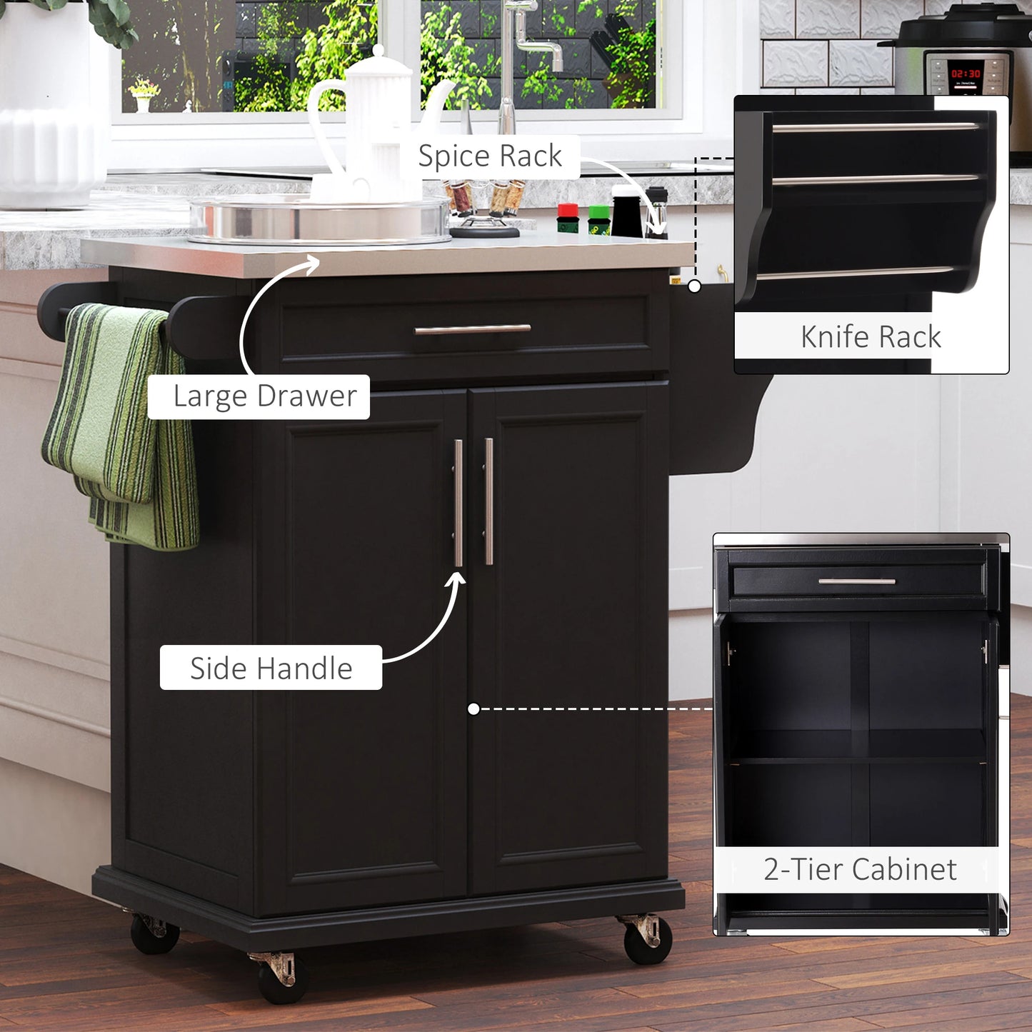 Multi-Use Rolling Kitchen Island Utility Cart Wood Cart and Stainless Steel Table Top On Wheels, Black