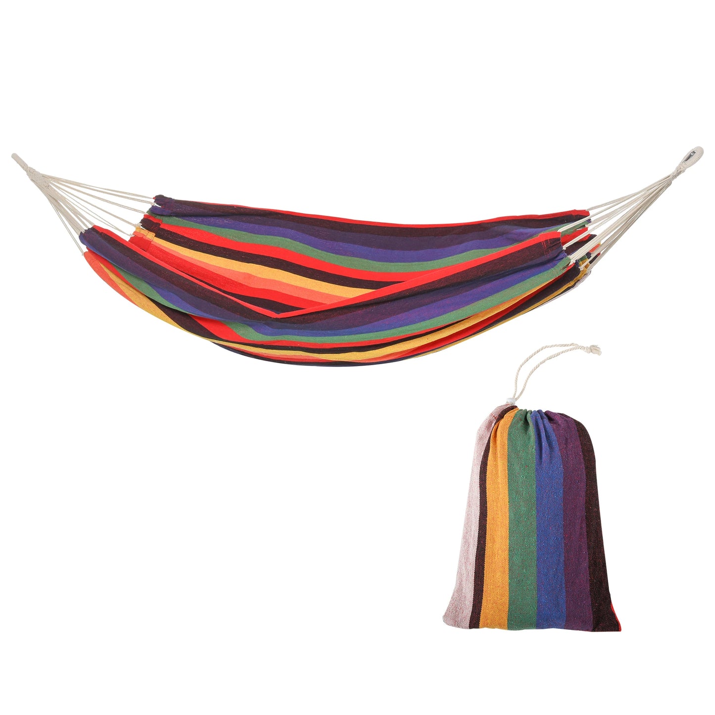 Outsunny Brazilian Style Hammock Extra Large Cotton Hanging Camping Bed for Patio Backyard Lounging, Indoor Outdoor Use,Carrying Bag Included, Rainbow Stripe