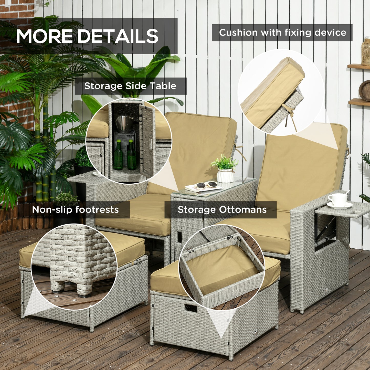 Outsunny 5PC Wicker Patio Lounger, Outdoor PE Rattan 5-level Adjustable Recliner Sofa Bed with Storage Side Table and Footstools, for Patio, Garden, Poolside, Khaki