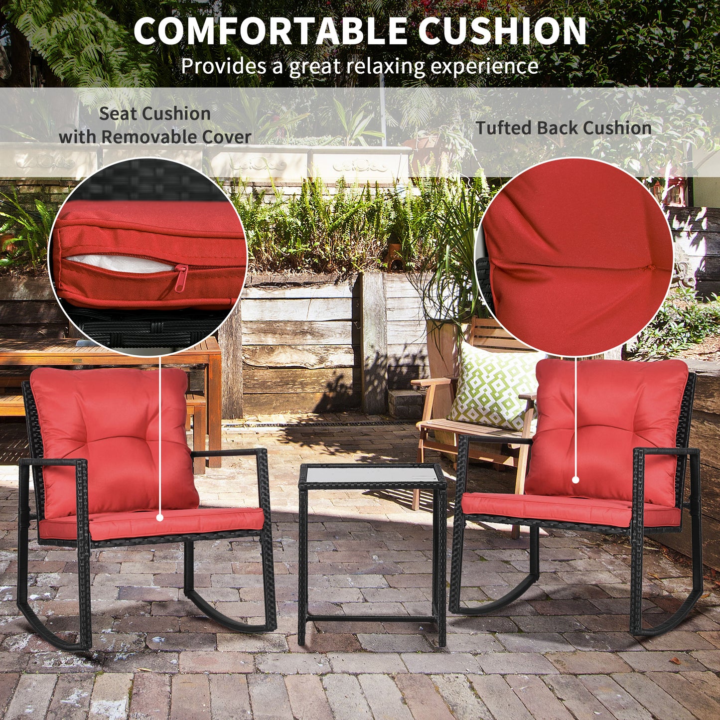 3 Pieces Rocking Bistro Set, Outdoor Wicker Patio Furniture with Glass Coffee Table and Outside Rocking Chairs for Porch, Conversation Sets with Thick Cushions, Red