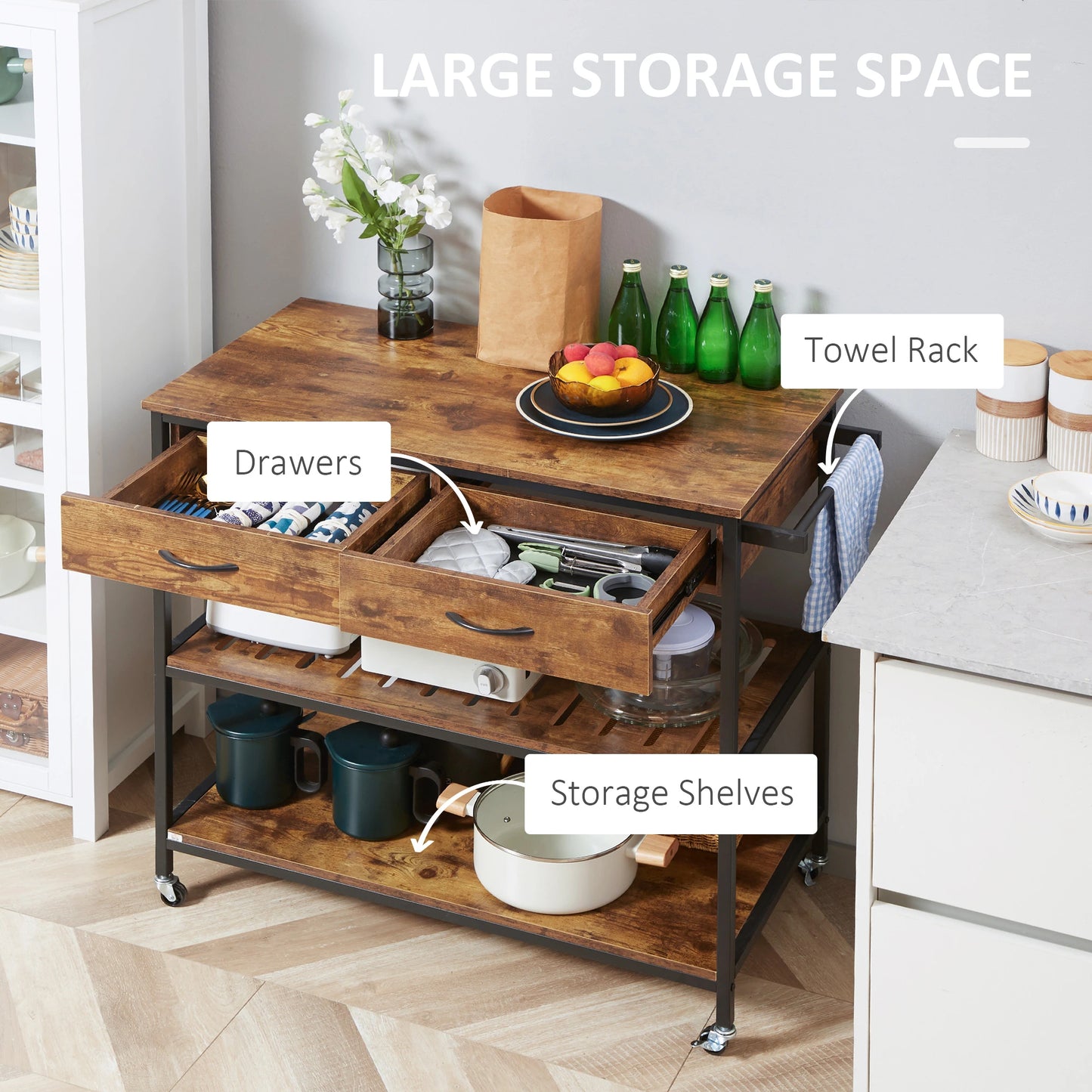 ndustrial Kitchen Island on Wheels, Rolling Serving Cart with Drawers, Storage Shelves, Towel Rack for Dining Room, Rustic Brown