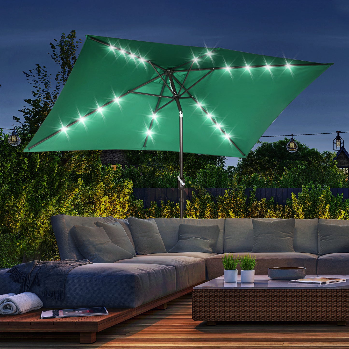 Outsunny 6.5x10ft Patio Umbrella Rectangle Solar Powered Tilt Aluminum Outdoor Market Parasol with LEDs Crank (Dark Green)