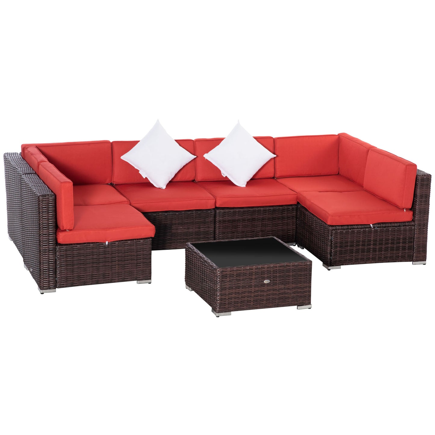 Outsunny 7 Pieces Patio Wicker Sofa Set, Outdoor PE Rattan Sectional Conversation Furniture Set w/ Tempered Glass Coffee Table & Cushion for Garden, Backyard, Red