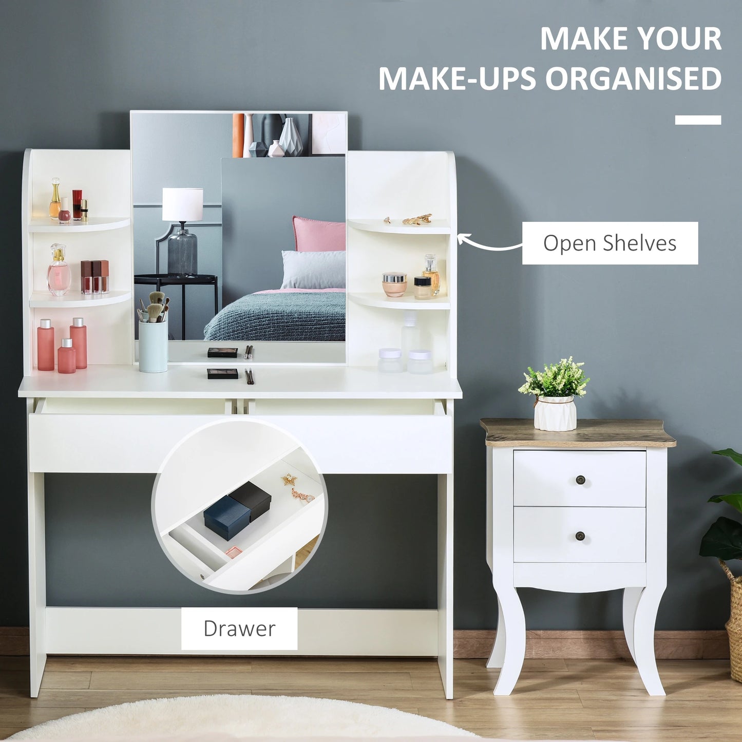 Vanity Table Wood Dressing Table w/ Makeup Mirror, Big Drawers, Open Shelf for Bedroom White