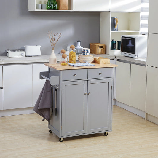 Rolling Kitchen Island on Wheels, Utility Serving Cart with Rubber Wood Top, Towel Rack, Hooks and Storage Drawers, Grey