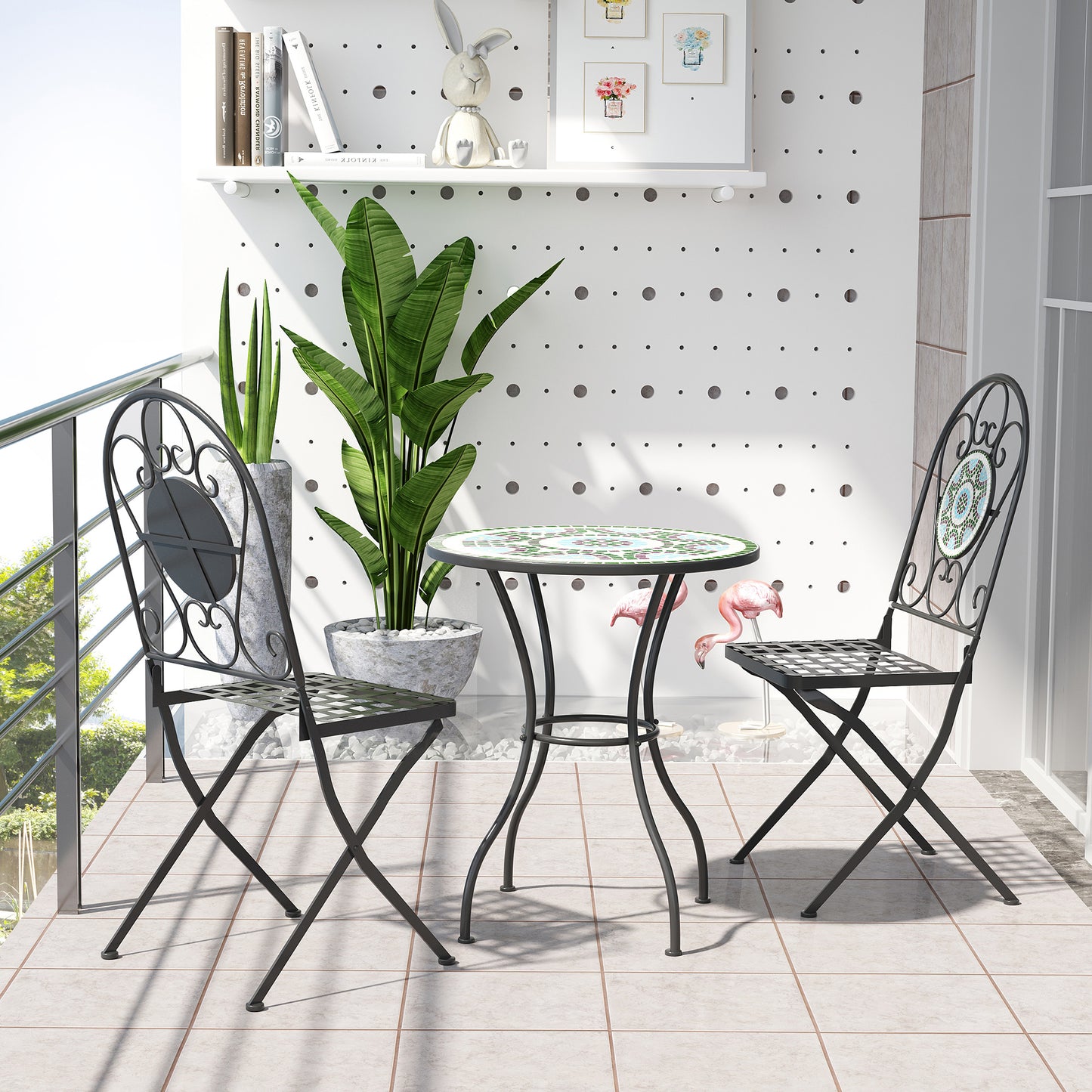 Outsunny 3 Piece Patio Bistro Set with Mosaic Design, Outdoor Dining Furniture Set for 2 with Folding Chairs, Green