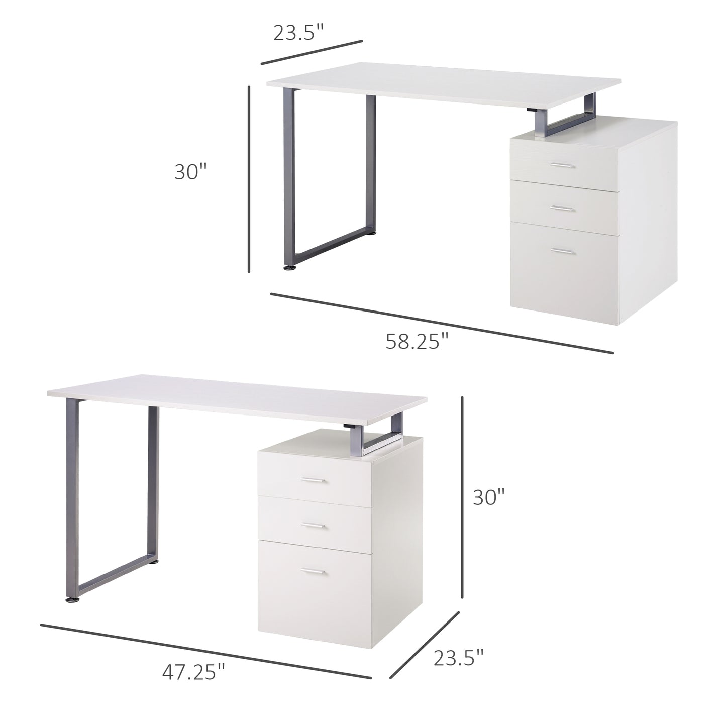 Industrial Style Office Desk Computer Desk with Multi-Use Removable File Drawers White