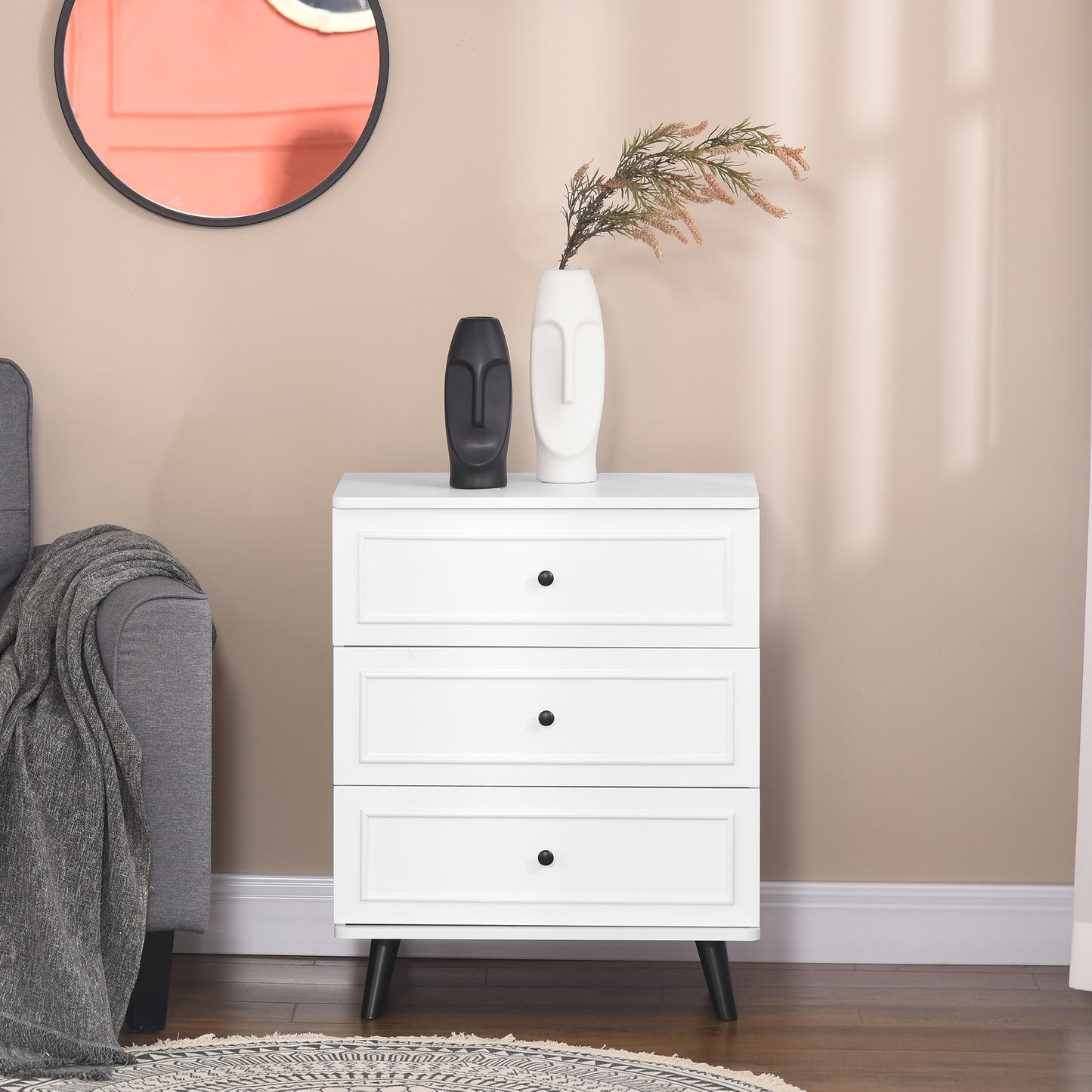 3 Drawer Dresser, Chest of Drawers Storage Cabinet with Solid Wood Legs and Handles for Living Room, White