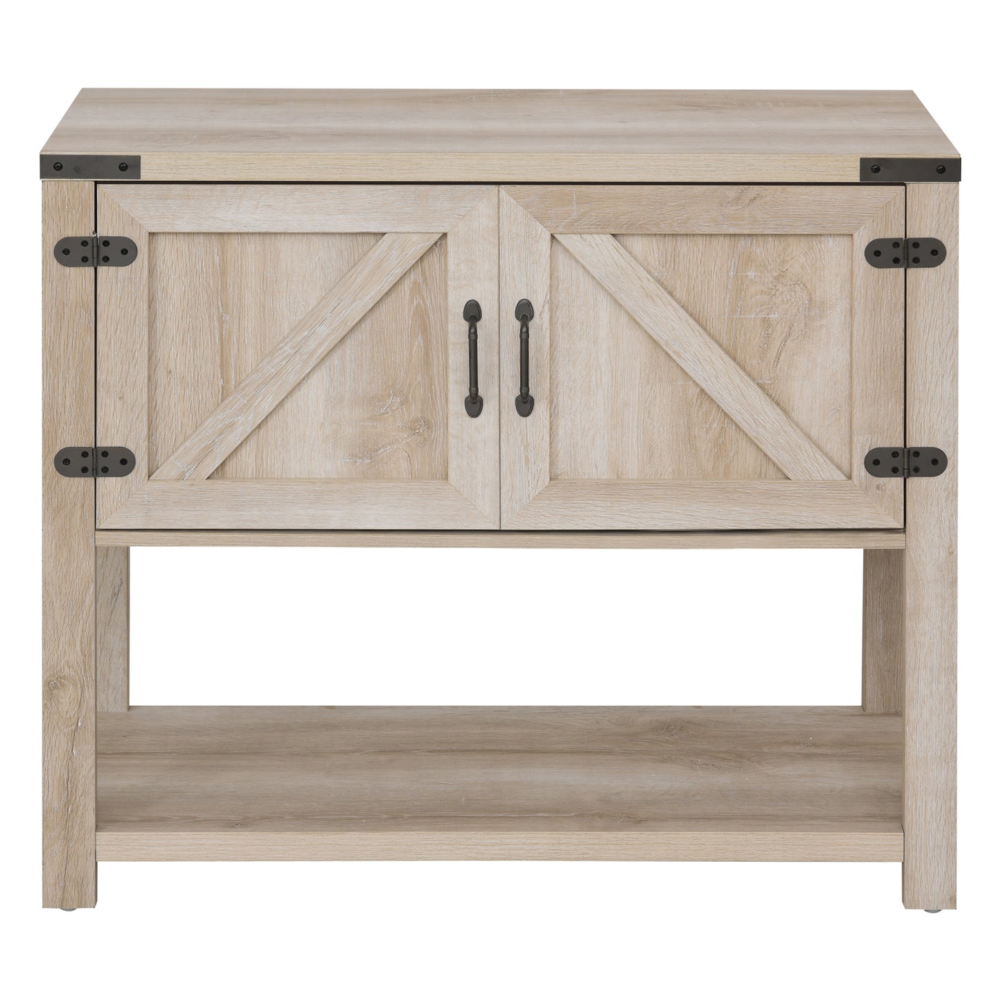 Farmhouse Kitchen Storage Cabinet, Free Standing Sideboard Console Table with Barn Doors, Bottom Shelf, Oak