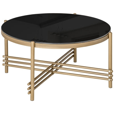 Round Coffee Table with Tempered Glass Top and Golden Metal Legs, Accent Cocktail Table for Living Room