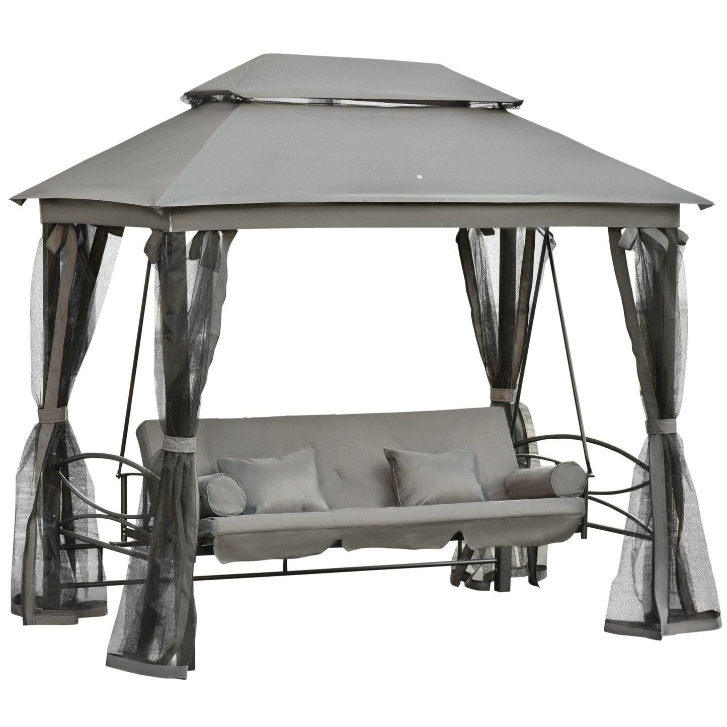 Outsunny 3 Person Outdoor Patio Daybed 3 in 1 Canopy Gazebo Swing Chair Garden Hammock with Mesh Mosquito Net and Sun Shade,Grey