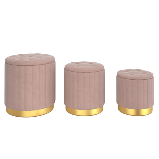 Tobi 3pc Storage Ottoman Set in Blush Pink and Gold