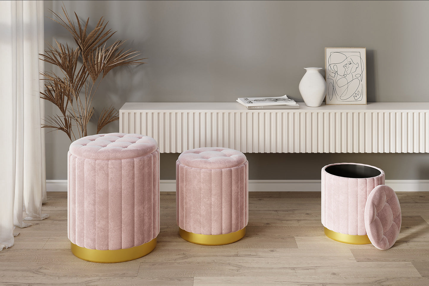 Tobi 3pc Storage Ottoman Set in Blush Pink and Gold