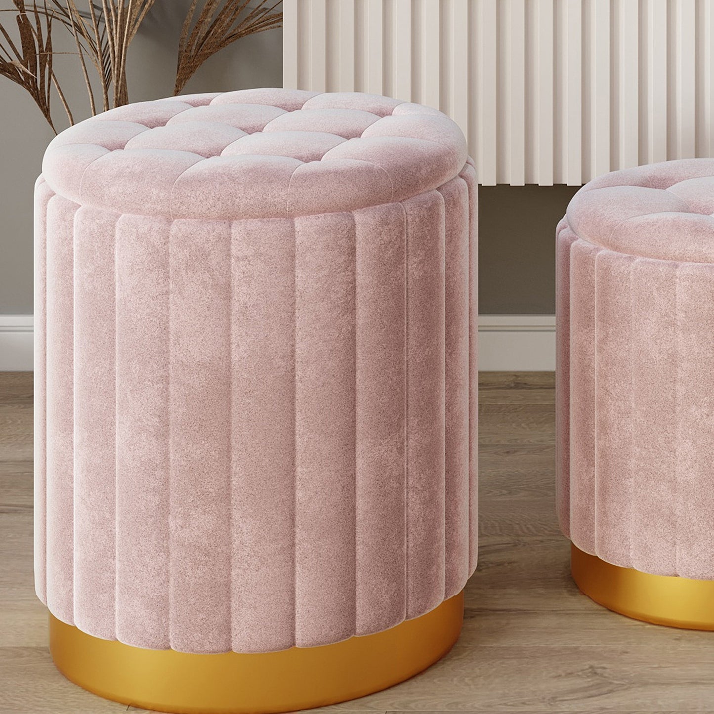 Tobi 3pc Storage Ottoman Set in Blush Pink and Gold