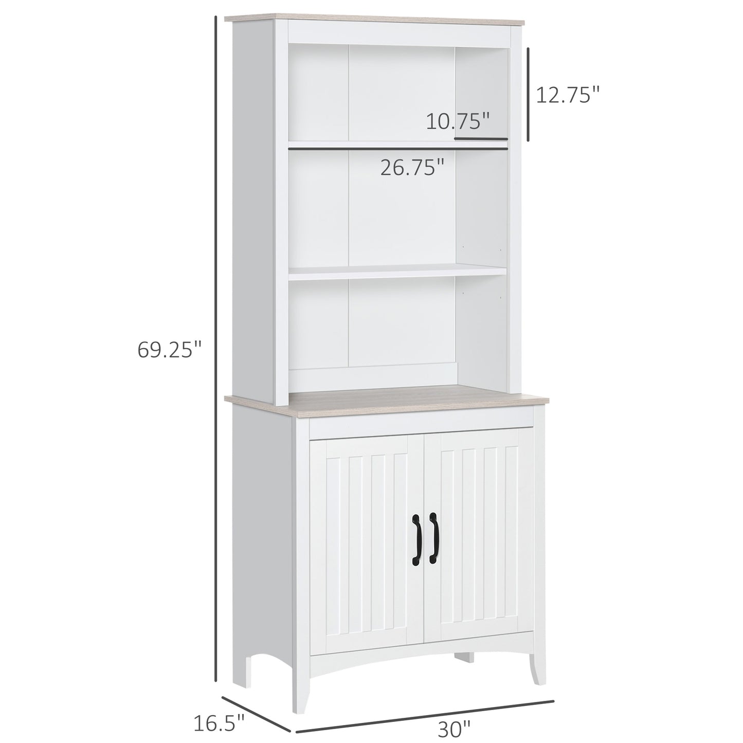 70" Kitchen Buffet Hutch with 3-tier Shelving Double-door Storage Pantry Cabinet, Sideboard with Adjustable Shelves Microwave Oven Countertop, White