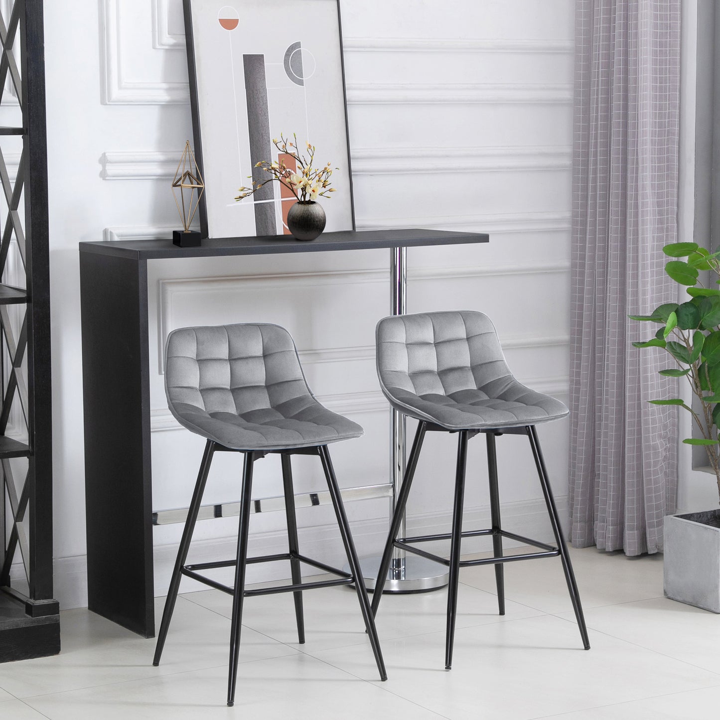 Bar Stools Set of 2 Velvet-Touch Dining Chairs Kitchen Counter Chairs Fabric Upholstered seat with Metal Legs, Backrest, Grey