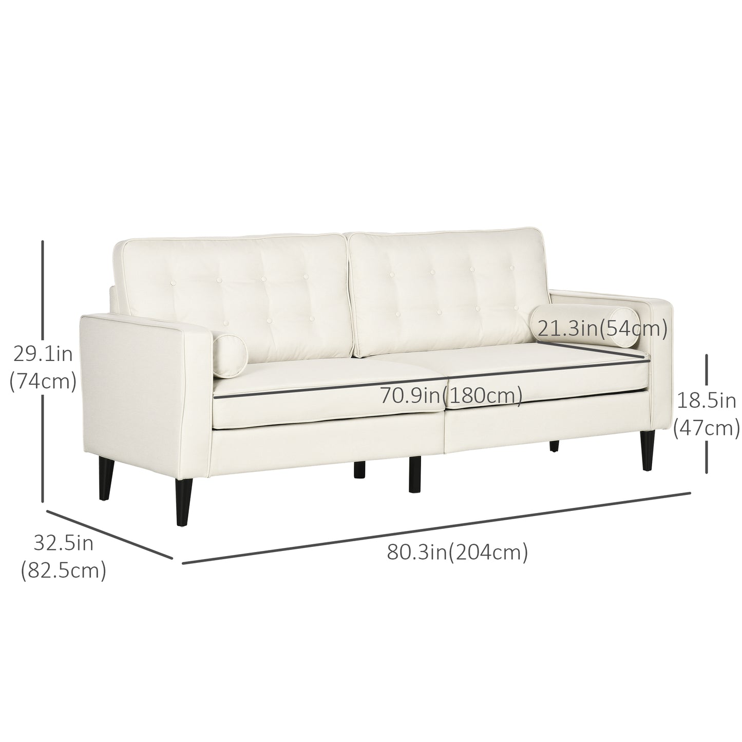 Mid-Century Small Sofa, Mini Couch with Button-Tufted Back Cushion, Velvet Feel Fabric Upholstery, 2 Cylindrical Pillows and Rubber Wood Legs for Living Room, Bedroom, Cream White