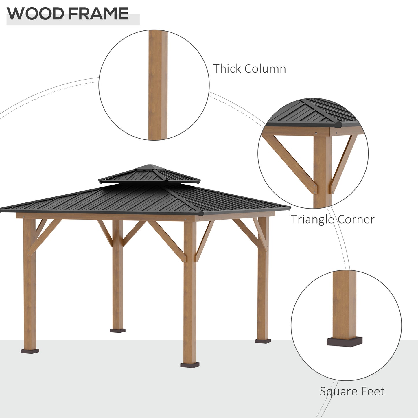 11' x 11' Wood Frame Hardtop Gazebo Galvanized Steel Canopy Outdoor Shelter with Double Vented Roof for Garden, Lawn, Poolside, Black