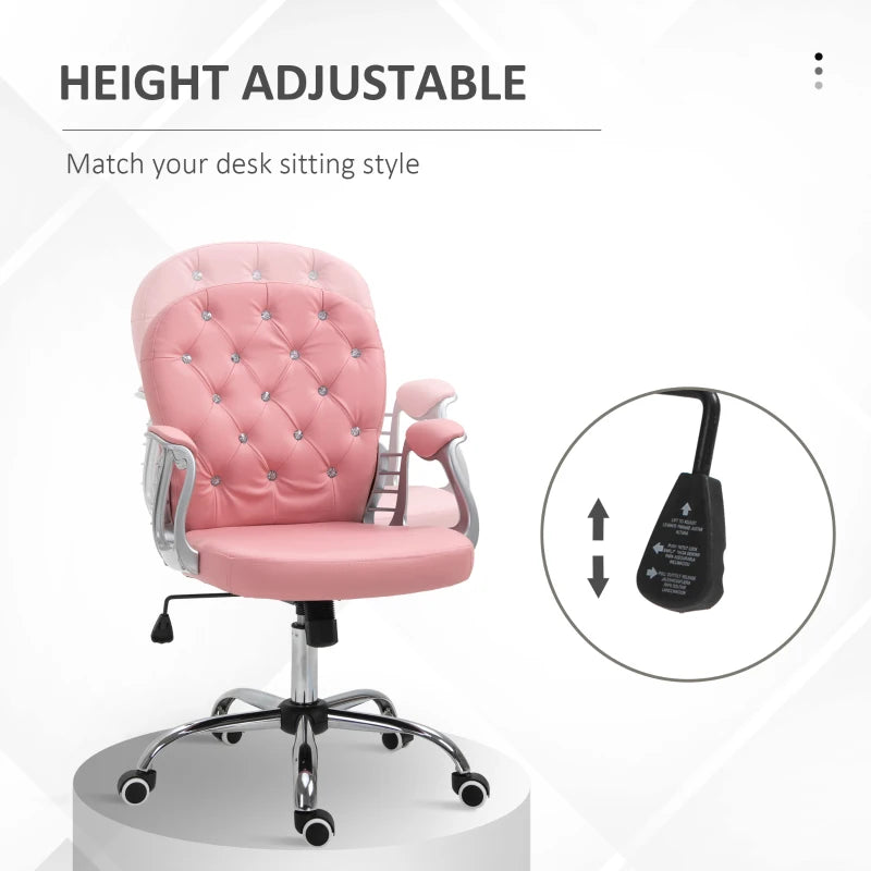 Vinsetto 360° Swivel Office Chair Vanity Style Tufted Backrest Task Chair with Height Adjustable, Armrests and Thick Padding, Pink