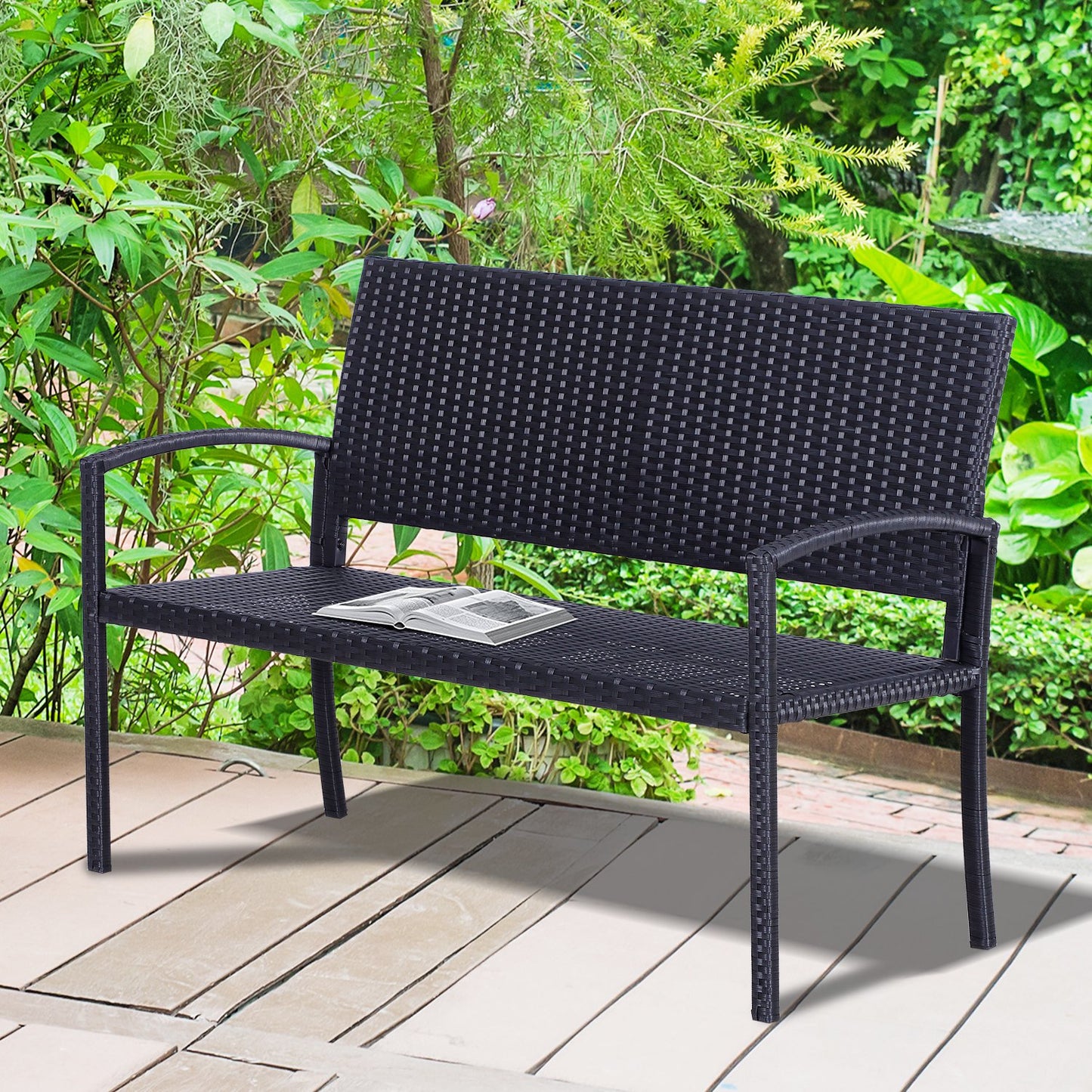 Outsunny Rattan Wicker Loveseat Garden Furniture Hand Woven Portable Backyard Black