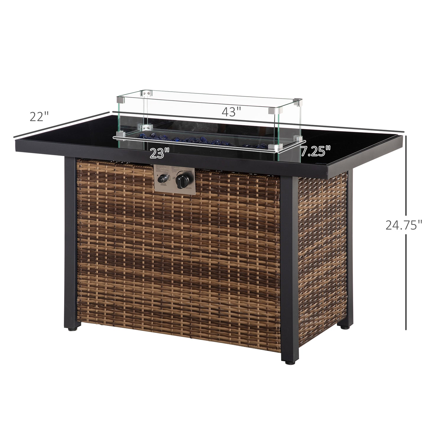 Outsunny Outdoor Propane Gas Fire Pit Table, 50,000 BTU Electric Ignition Gas Firepit with Glass Cover, Black Glass Tabletop and CSA Certification, Brown