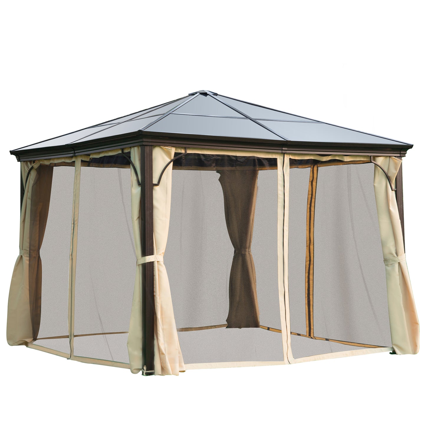 Outsunny 10 x 10 ft Hard Top Gazebo Canopy Heavy Duty Shelter Sun Shade w/ Curtain Beige, Coffee