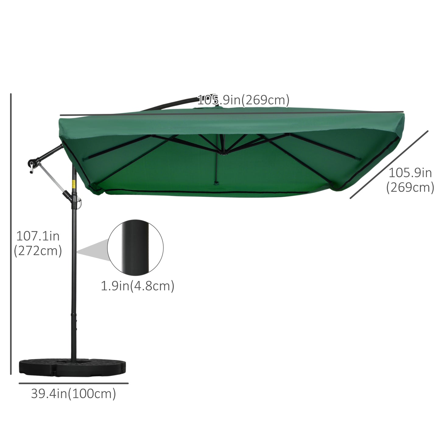 Outsunny Offset Patio Umbrella, Adjustable Canopy Angle Cantilever Patio Umbrella with Net, Cross Base, Weight Plates and 8 Ribs for Backyard, Poolside, Lawn and Garden, Green